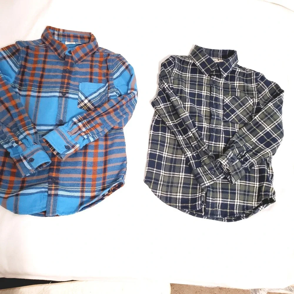 2 Pack Kids Flannel Button Down Shirts Blue Orange Green Plaid Cotton Tops